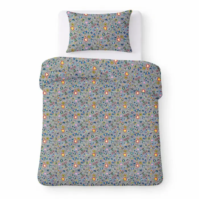 COTTON HOME Puuvillane voodipesu komplekt 140x200 cm, hall värvilise rahvusliku moodsa mustriga