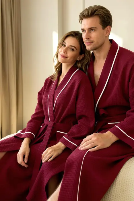 Wool bathrobe Wafel L/XL, burgundy/white, with piping