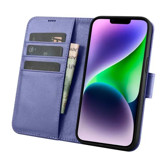 Кожаный чехол-книжка 2-in-1 для iPhone 14 Plus с защитой Anti-RFID, светло-фиолетовый