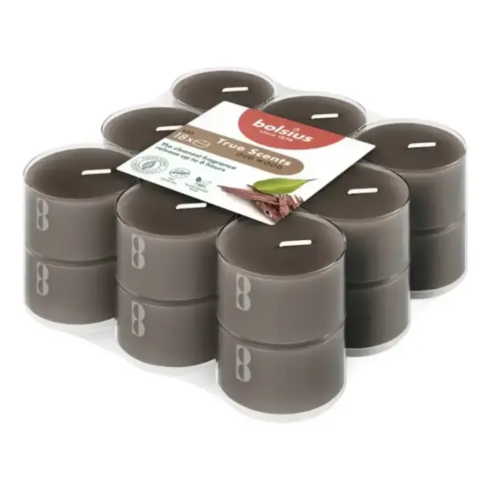 Bolsius True Scents Oud medienos arbatinės žvakės, 18 vnt.