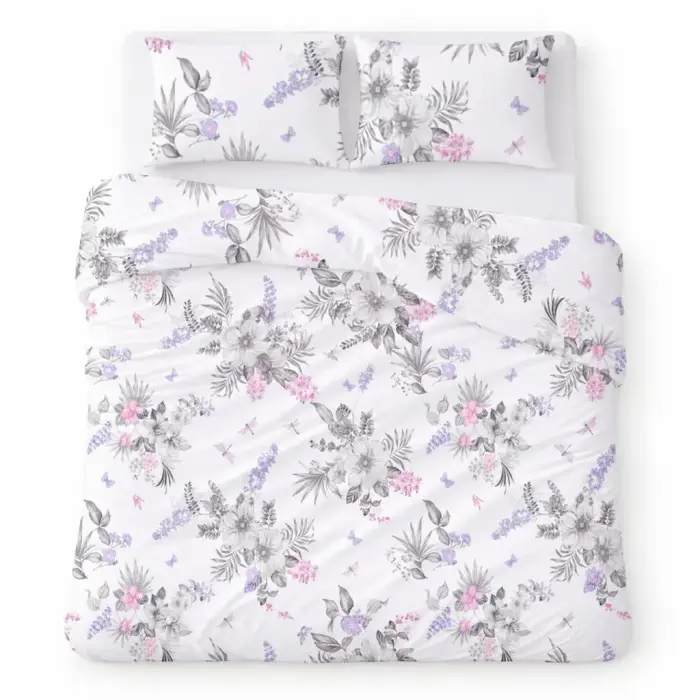 Kokvilnas gultas veļas komplekts 160x200 cm balts ar pelēkviolētām puķēm - COTTON HOME