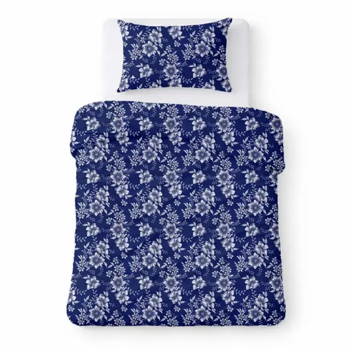 Pościel bawełniana 140x200 granatowa w białe kwiaty klasyczny wzór - COTTON HOME