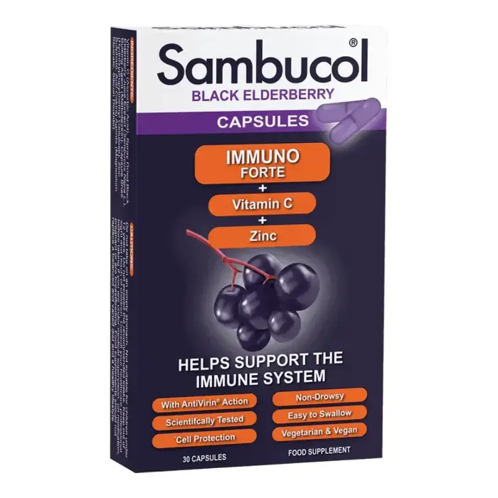 Sambucol, Immuno Forte+, C-vitamiin + tsink, Immuunsüsteemi toetamine, Kapslid, 30 kapslit