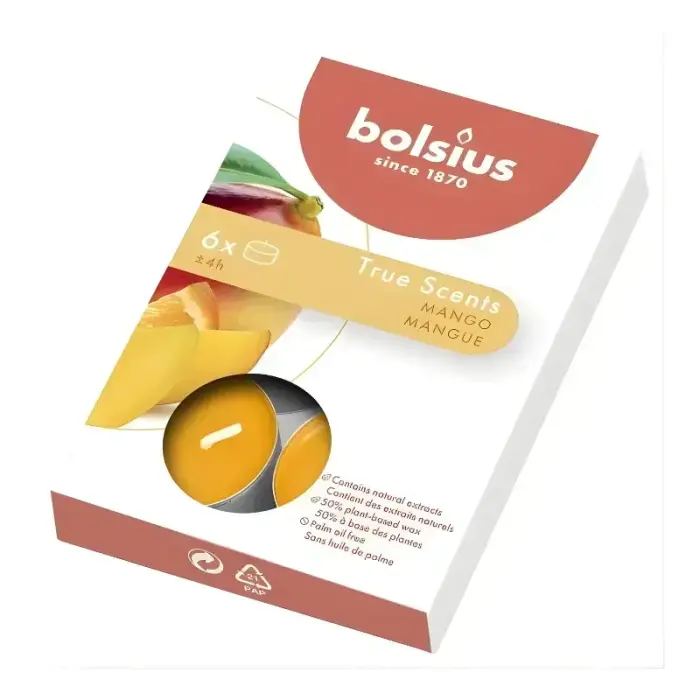 Bolsius True Scents Mango aromātiskās tējas sveces, 6 gab.