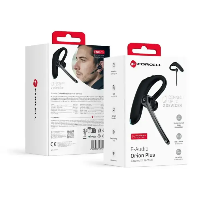 FORCELL Orion Plus Wireless Mono Headset (ENC, Multipoint, Bluetooth 6.0 + EDR, 170 mAh Battery), Black