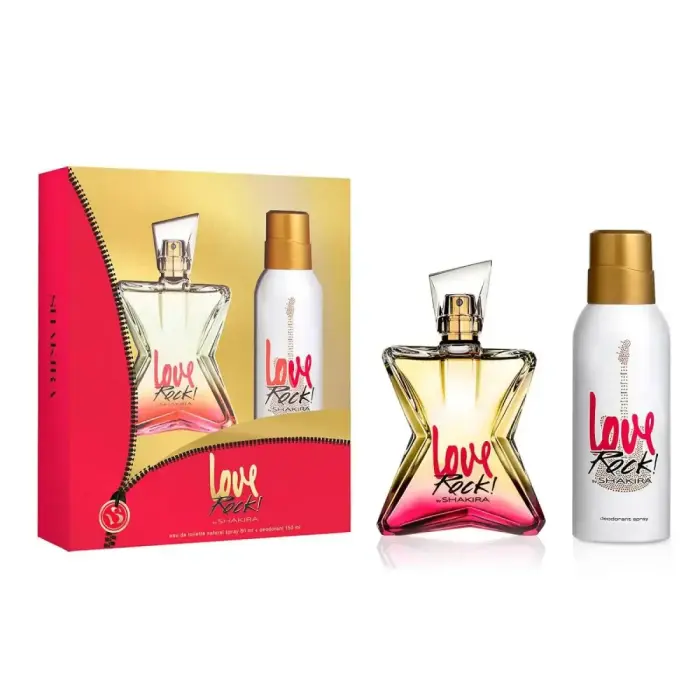 Shakira Love Rock rinkinys: tualetinis vanduo moterims 80 ml + gėlių dezodorantas-purškiklis unisex 150 ml