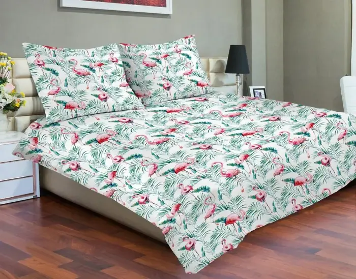 Satīna gultas veļas komplekts 160x200 cm 15A Premium, Flamingi un palmu lapas, piparmētru rozā