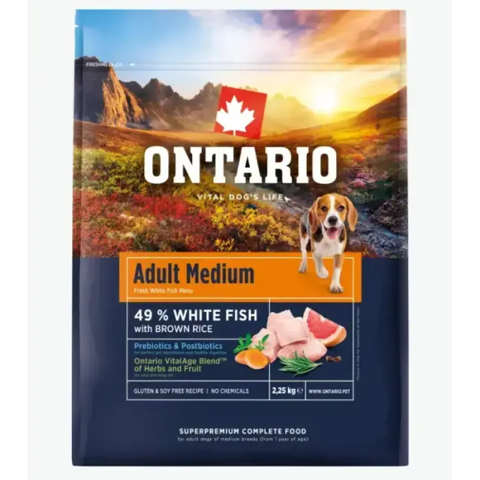 Dog food – Ontario Adult Medium, Fish and Brown Rice, 2.25 kg