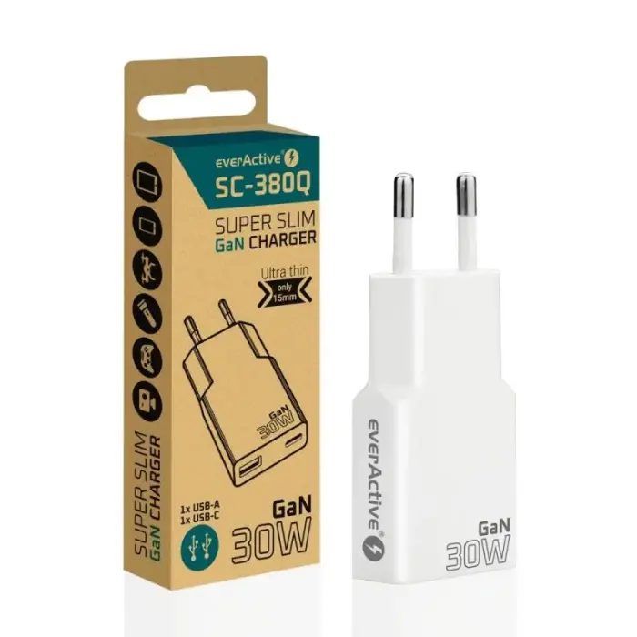 EVERACTIVE MAINS CHARGER 1 X USB, 1 X USB-C QUICK CHARGE 3.0 30W SUPER SLIM WHITE SC-380Q