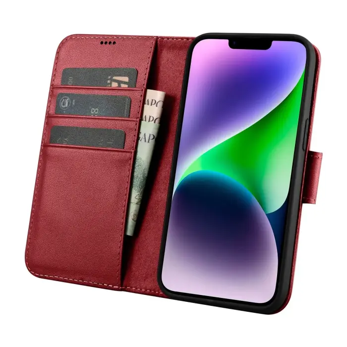 Кожаный чехол-кошелек 2-в-1 с защитой Anti-RFID для iPhone 14 Plus - Красный