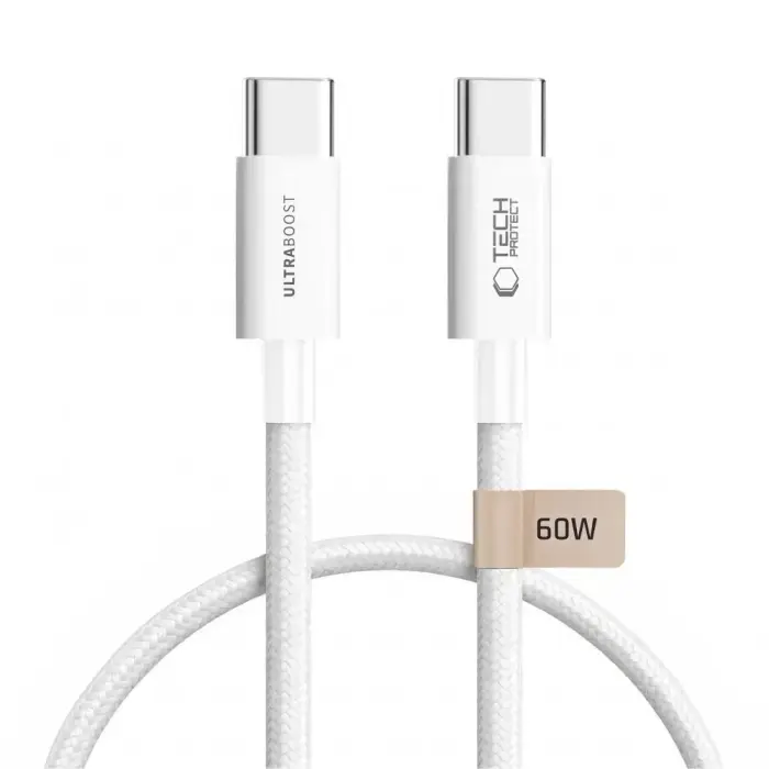 Tech-Protect ULTRABOOST LITE datu pārraides un uzlādes vads | USB-C uz USB-C | PD | 60W | 0.5m | balts