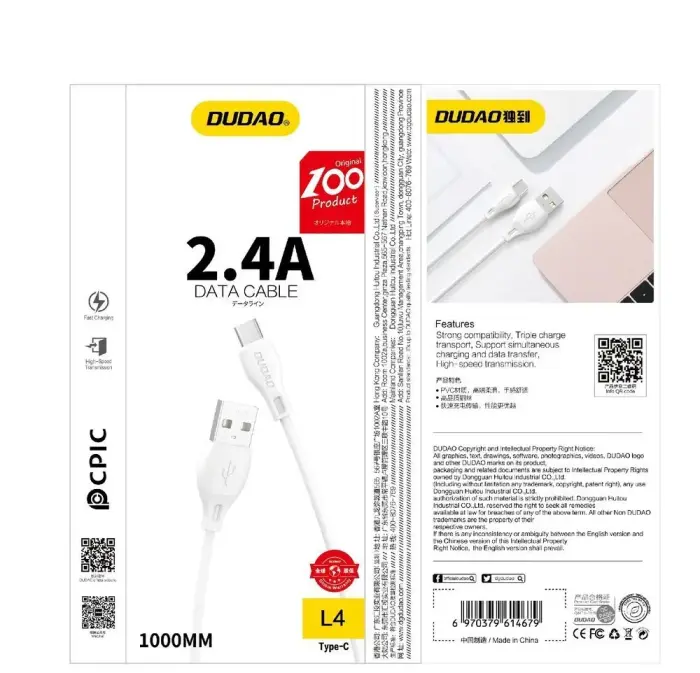 Dudao USB - Lightning kaabel iPhone'ile 2.4A 1m Valge