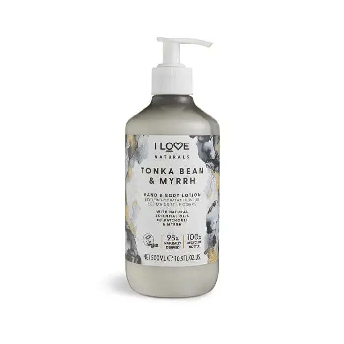 I Love, Naturals Collection, Vegāns, Mitrinošs un mīkstinošs, Tonka pupiņu un mirres, Losjons rokām un ķermenim, 500 ml