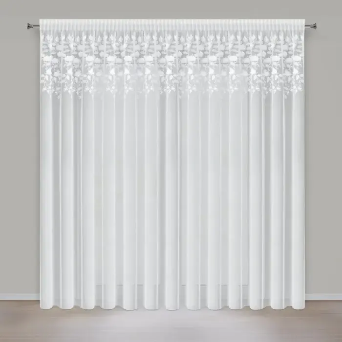 Caurspīdīgais aizkars Rosie 1 3D Eva Minge Eurofirany 350x270 cm, baltā krāsā, uz lentes, ar izšuvumu