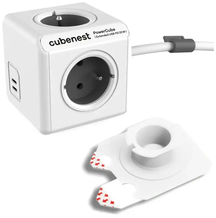 Cubenest Powercube Extended USB PD 35W, 2xUSB-C, 4× kontaktligzda, 1,5m, balta/pelēka, dětská pojistka, uzemnění, montážní dok