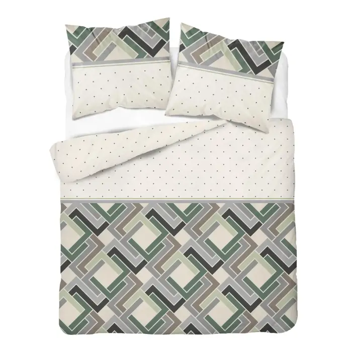 Pościel bawełniana 180x200 beżowa zielona w geometryczne prostokąty - 6078 B - Home Satin