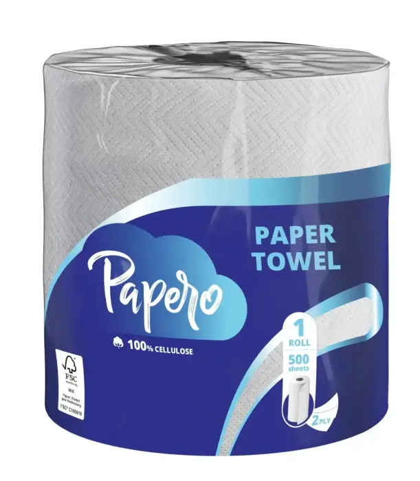 Papīra dvieļi PAPERO, 2 kārtas, 90 m, 500 lapas, 1 rullis