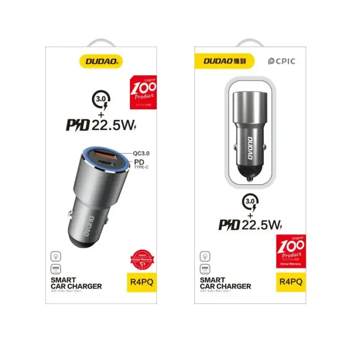 Автомобильное зарядное устройство Dudao USB и USB-C PD QC 22.5W - Серое