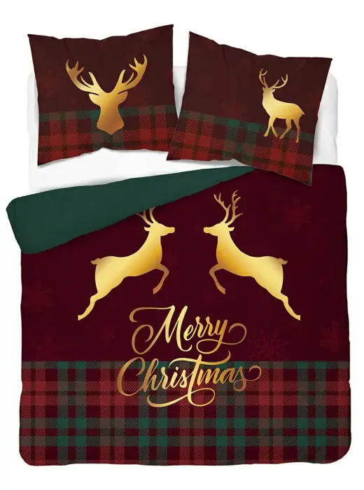 Ziemassvētku kokvilnas gultas veļas komplekts 220x200 cm Rūtains ar ziemeļbriežiem Merry Christmas - 5827 A - Christmas Dreams