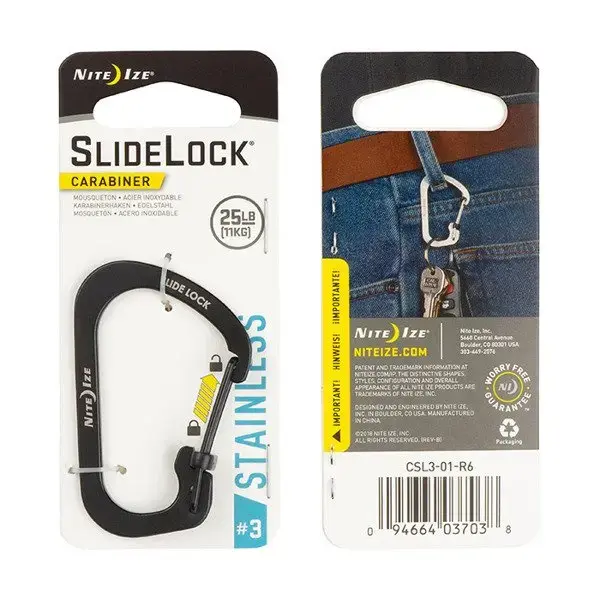 Nite Ize SlideLock karabinas – nerūdijantis plienas – #3 dydis – juodas