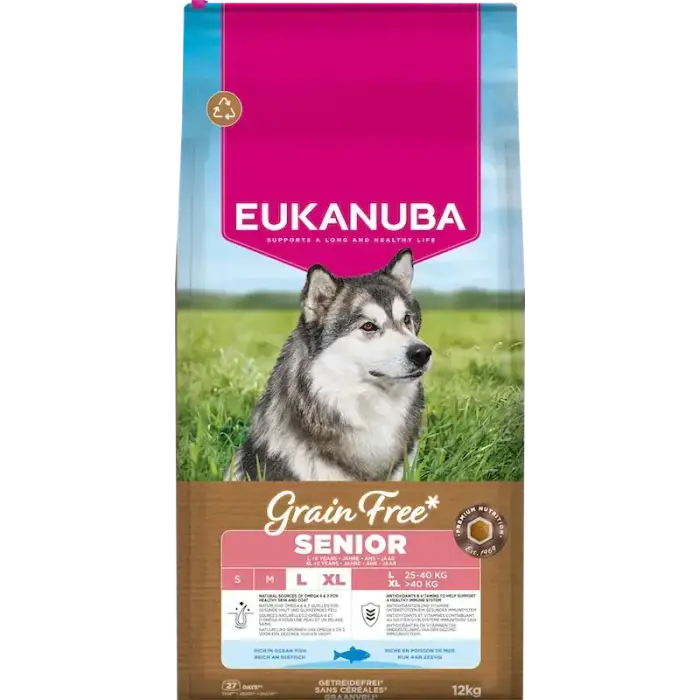 Eukanuba Senior Lielajām Šķirnēm Bezgraudu Sausā Suņu Barība ar Okeāna Zivīm, 12 kg