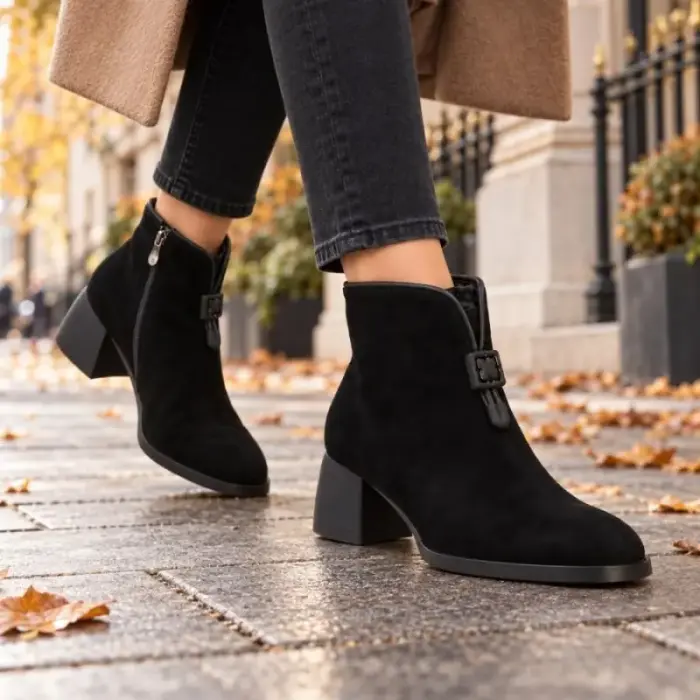 Black women`s leather block-heel ankle boots