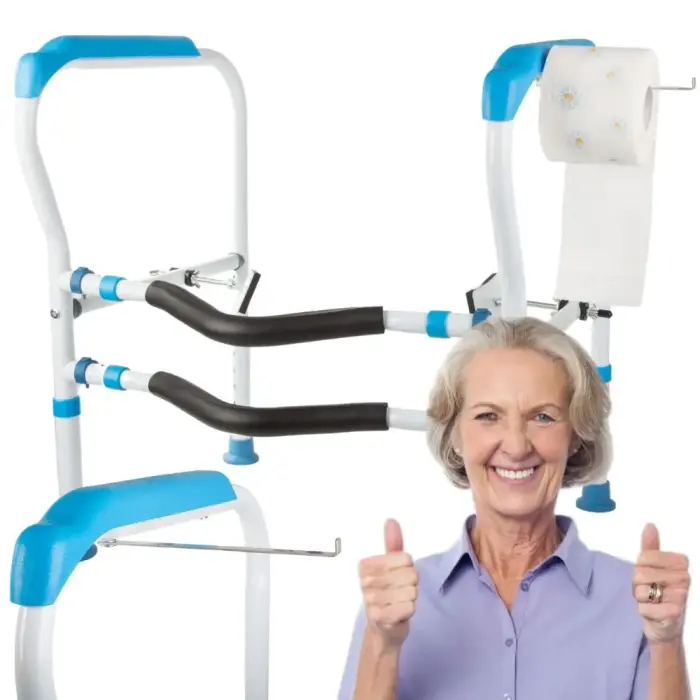 Adjustable toilet safety rail for seniors