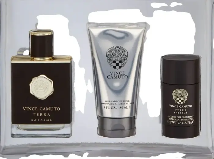 Vince Camuto Terra Extreme dāvanu komplekts vīriešiem: tualetes ūdens 100 ml, antiperspiranta dezodorants zīmulis 71 g un dušas želeja un šampūns 2-in-1 150 ml
