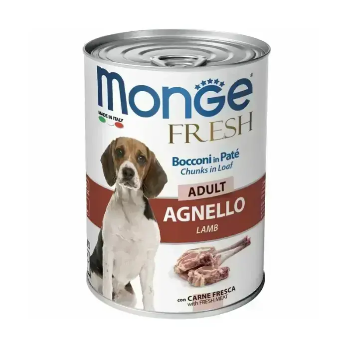 Monge Dog Fresh Adult Chunks in Loaf with Lamb 400 g — complete wet food for adult dogs with lamb, pâté with chunks