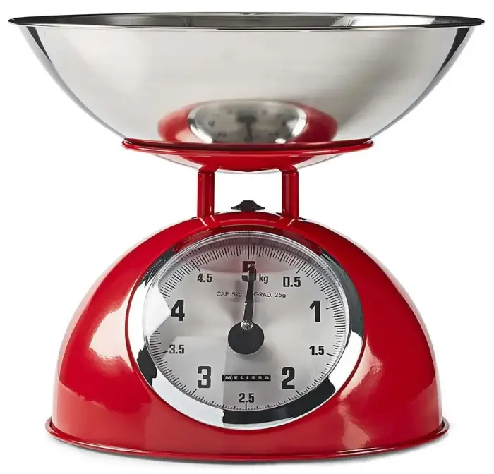 NEDIS Melissa kuchyňská váha/ analogová/ nosnost 5kg/ vyjímatelná mísa/ nerezová ocel/ red