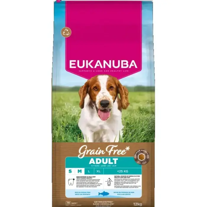 Eukanuba Pieaugušiem maziem un vidējiem suņiem bez graudiem ar okeāna zivīm sausā barība 12 kg
