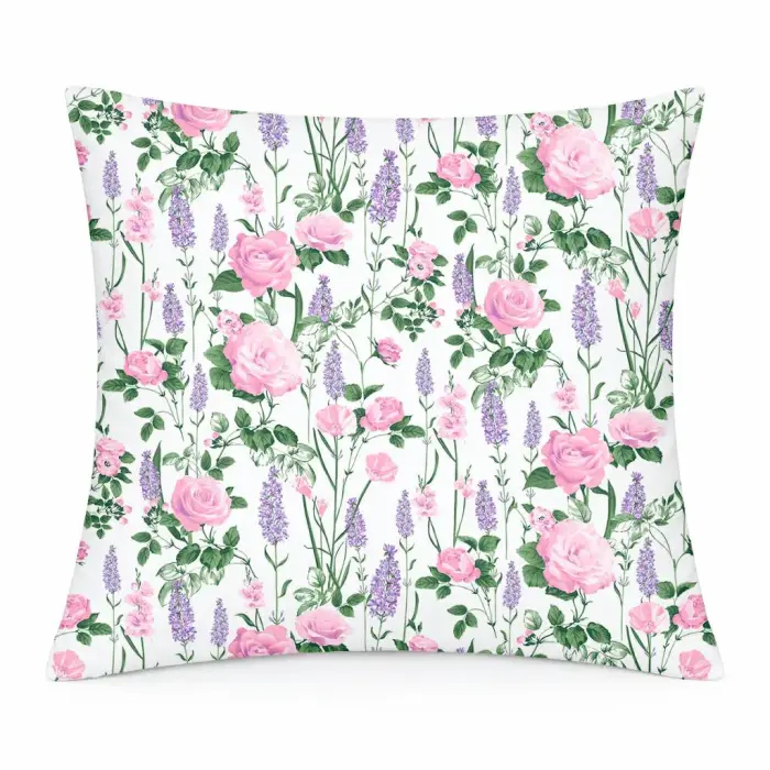 Poszewka bawełniana 40x40 biała w róże i lawendę romantyczny wzór - COTTON HOME