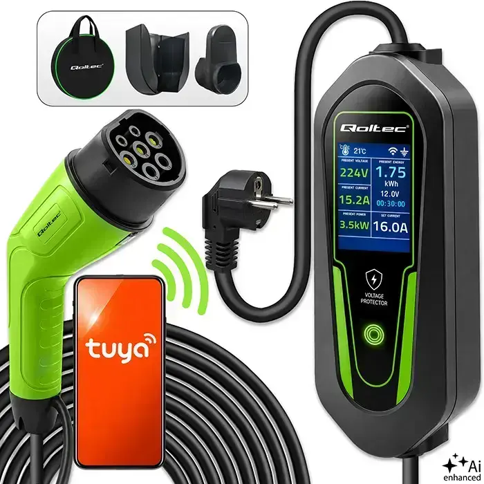 Зарядное устройство Qoltec для электромобилей и гибридов 2-in-1 Type 2 регулируемое | 3.5kW | 230V | SCHUKO 16A | Wi-Fi | Tuya | Smart Life | LCD | 5m