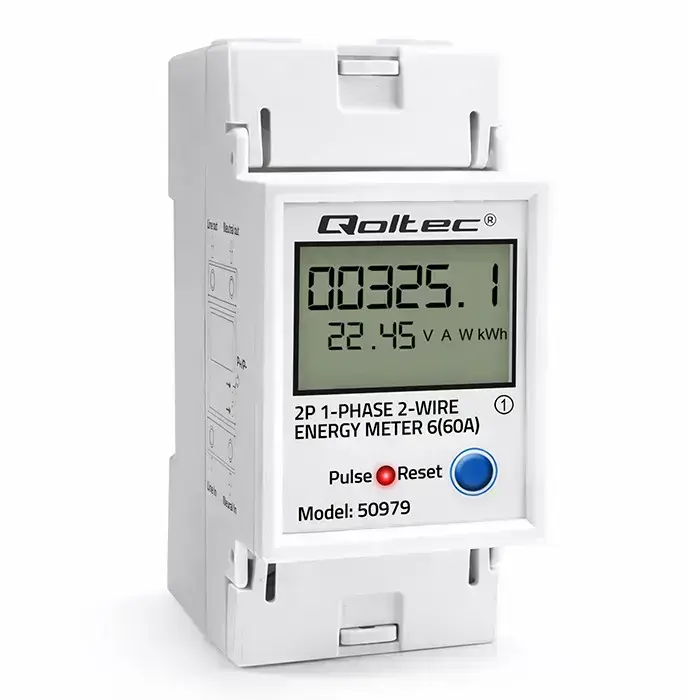 Qoltec Single-phase Electronic Energy Consumption Meter for DIN Rail, 230V, 60A, LCD, 2P