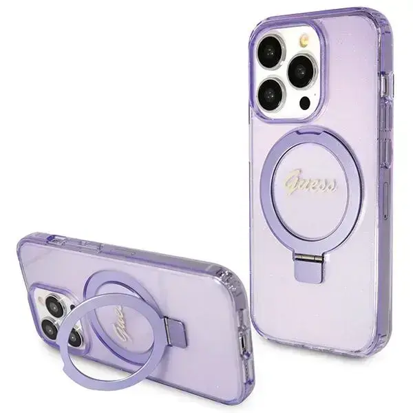 Guess Ring Stand Script Glitter MagSafe vāks iPhone 14 Pro, violets