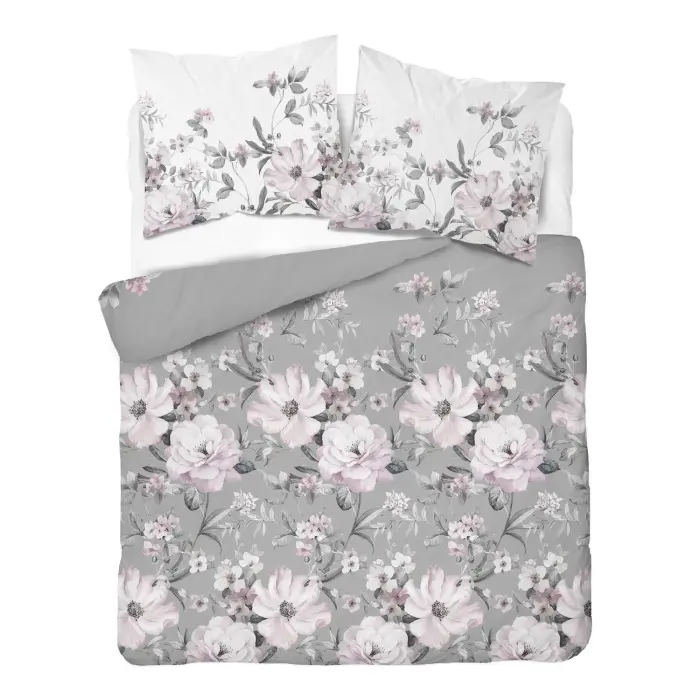 Pościel bawełniana 180x200 szara różowa w kwiaty i gałązki - 6080 B - Home Satin