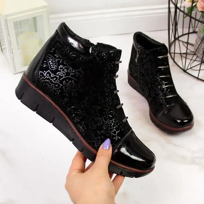 Women’s black insulated leather ankle zābaki with print, Filippo - Buty: 38