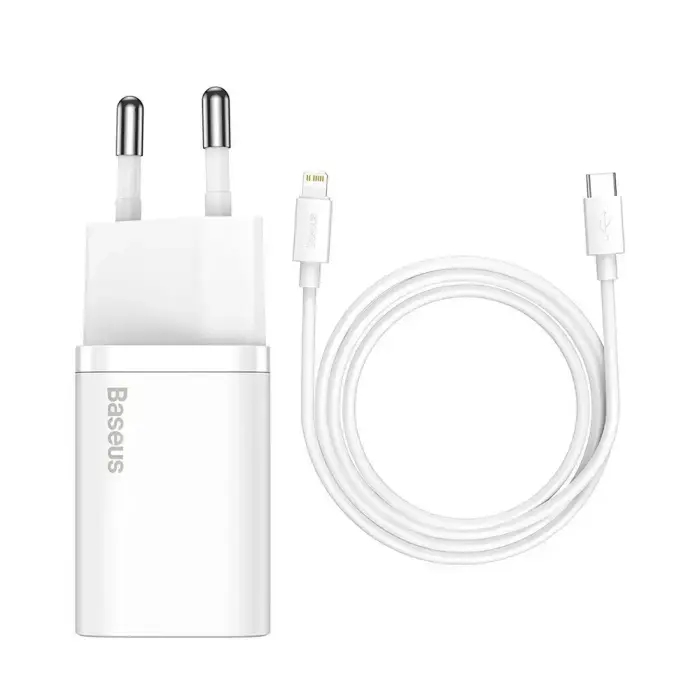 Baseus TZCCSUP-B02 ceļojumu lādētājs | 20W | USB-C | komplektā ar Lightning kabeli | balts