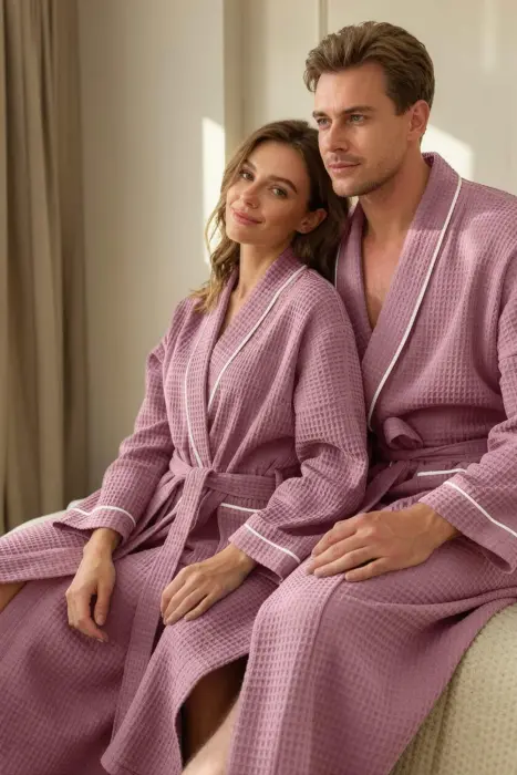 Wool bathrobe Wafel XXL, pink/white, with piping