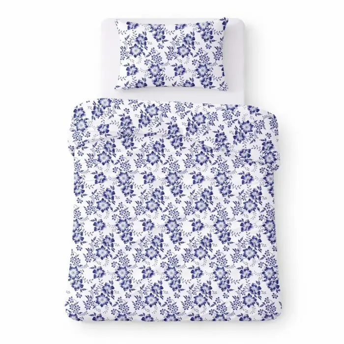 COTTON HOME Voodipesu komplekt 140x200 cm, valge tumesiniste lilledega