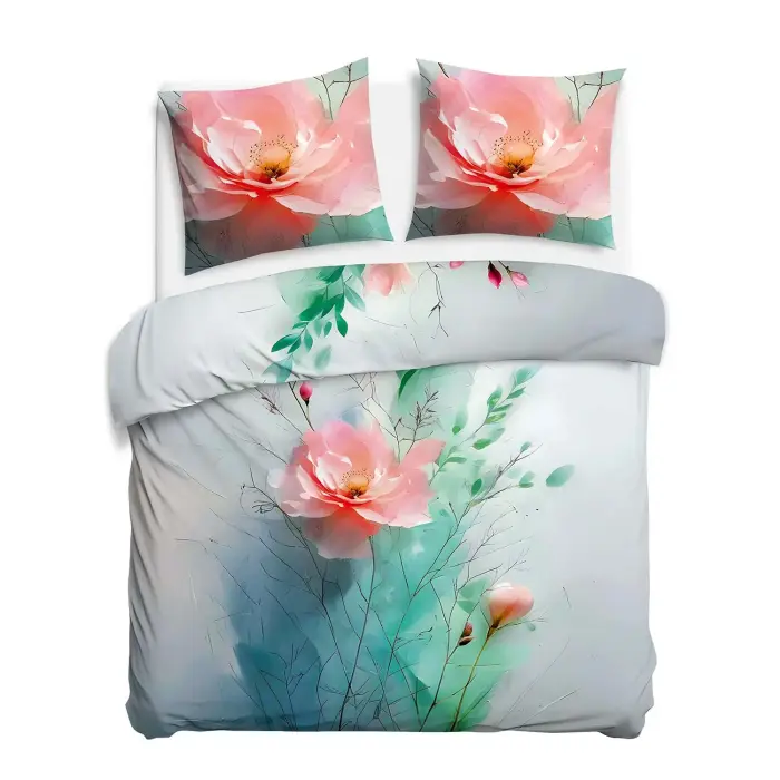 SATYNLOVE PREMIUM Satinio patalynės komplektas 160x200 cm su rožinėmis gėlėmis ir žaliais lapais