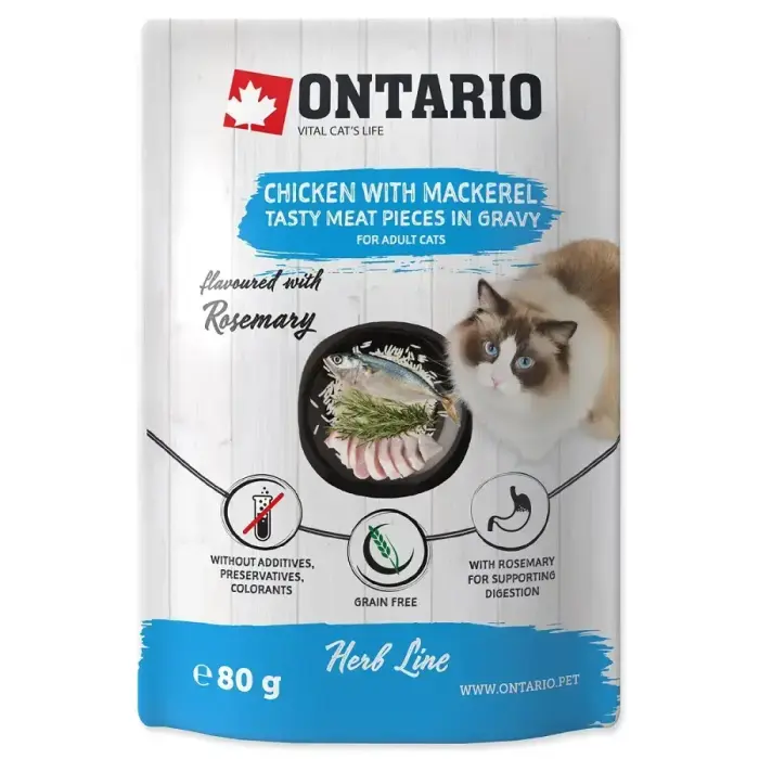 Ontario влажный корм для кошек с курицей, макрелью, рисом и розмарином, 80г