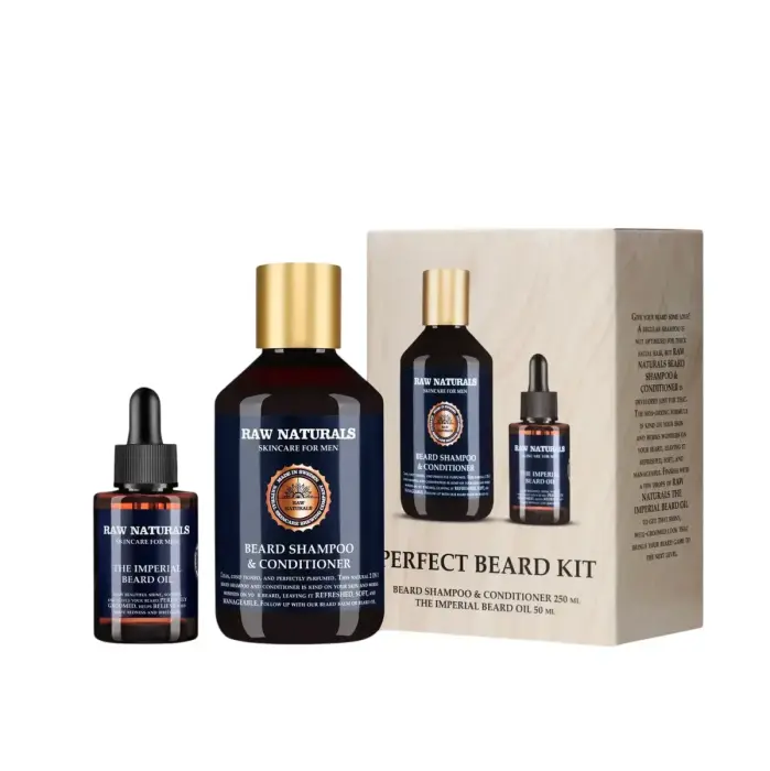 Set Raw Naturals: Beard Shampoo & Conditioner, 100% vegan, Beard Shampoo, Softness, 250 ml + The Imperial, Beard Oil, 100% vegan, Smooth & Soften, 50 ml