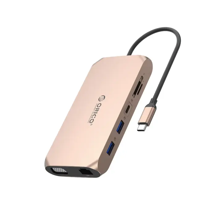 Адаптер-концентратор Orico XCR 12-в-1 USB-C с USB-A USB-C HDMI VGA SD/microSD RJ45 мини-джеком PD 100W 4K - Розовое золото