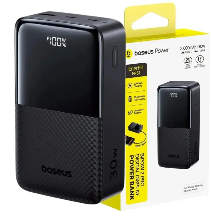 LiPo PowerBank 20000mAh 30W USB-A, USB-C Bipow2 Pro melns EnerFill FP51 BASEUS