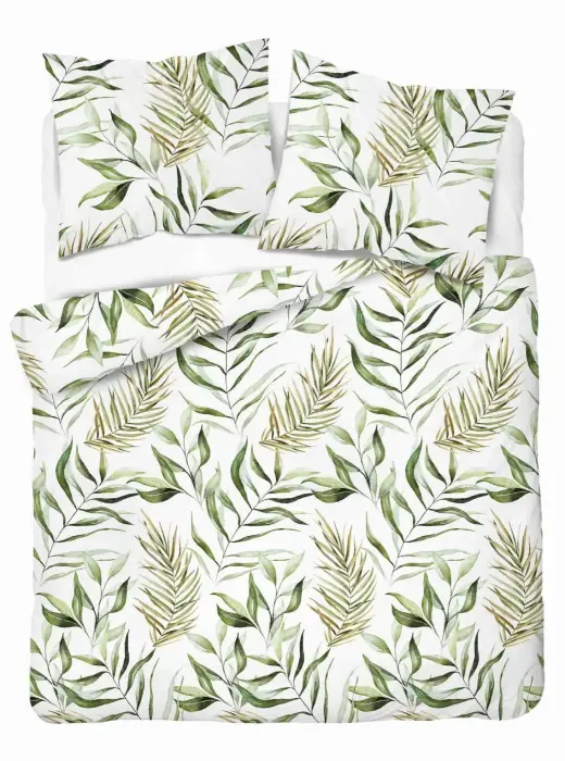 Microfiber Bedding Set 220x200 cm, White with Green Leaves