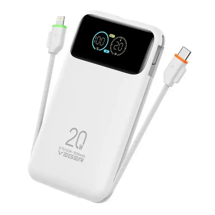 Powerbank Veger Fuerza 10 (W1212B) PD 20W 10000 mAh with built-in cables USB C / Lightning white
