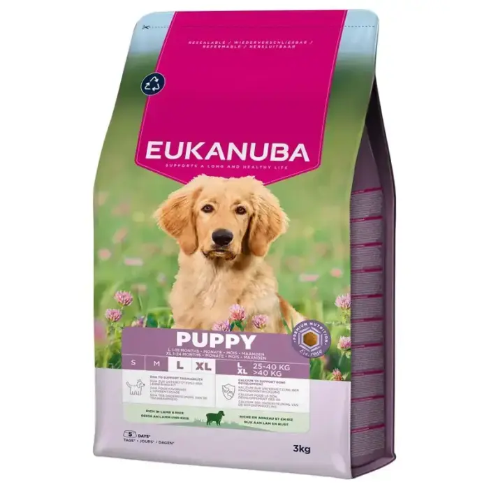 Eukanuba Puppy and Junior sausā suņu barība lielu šķirņu kucēniem, jērs un rīsi, 3 kg