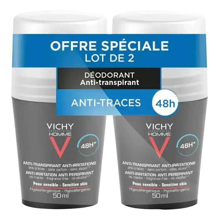 VICHY Sensitive Skin 48h Vīriešu Rullīšu Dezodorants Antiperspirants 50ml - 2 gab. iepakojums