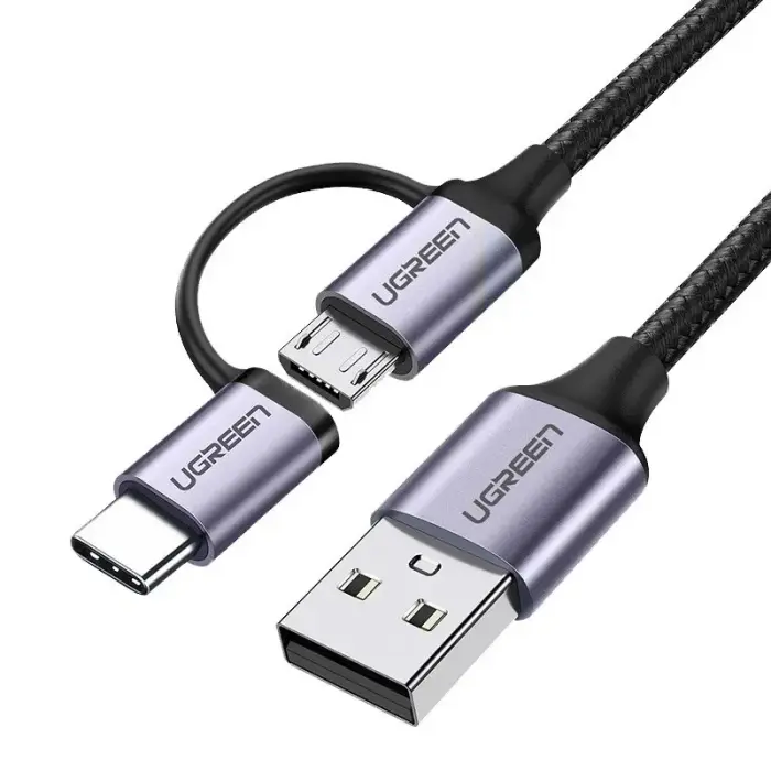 Ugreen Кабель USB 2-в-1 - microUSB + USB-C 1м 2.4A чёрный